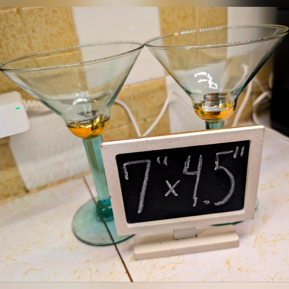 Hand blown vintage 2 funky‎ mod green/clear/gold glass martini/ cocktail glasses